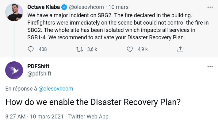 Un client qui pense qu'il faut activer une option pour faire un PRA Discussion Twitter d'Octave Klaba demandant d'activé le Disaster Recovery Plan / Plan de Reprise d'Activité et un client répondant comment s'active cette option.