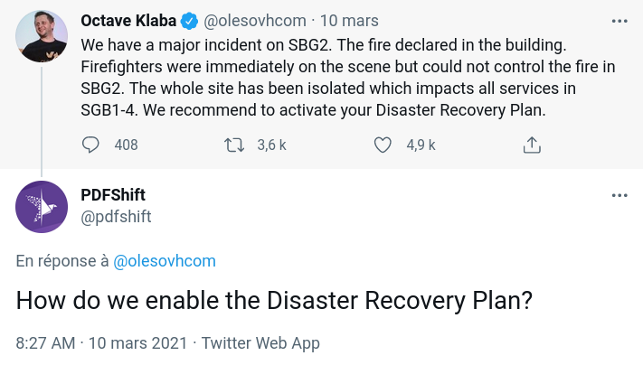 Discussion Twitter d'Octave Klaba demandant d'activé le Disaster Recovery Plan / Plan de Reprise d'Activité et un client répondant comment s'active cette option.