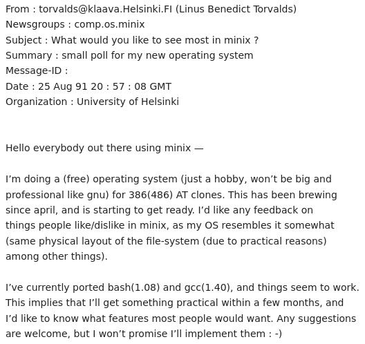Message de Linux Torvalds annonçant la création de Minix en 1991 sur le newsgroup comp.os.minix